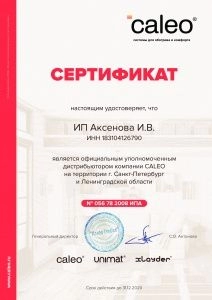Сертификат официального дистрибьютора Caleo на 2020 год